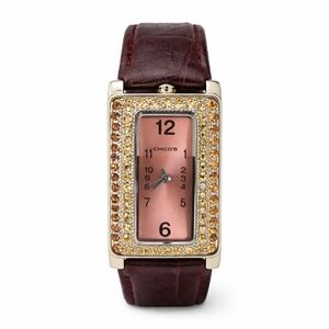 Chicos Crystal Cuff Watch Pink Dial Brown Band Statement Rhinestone Bezel